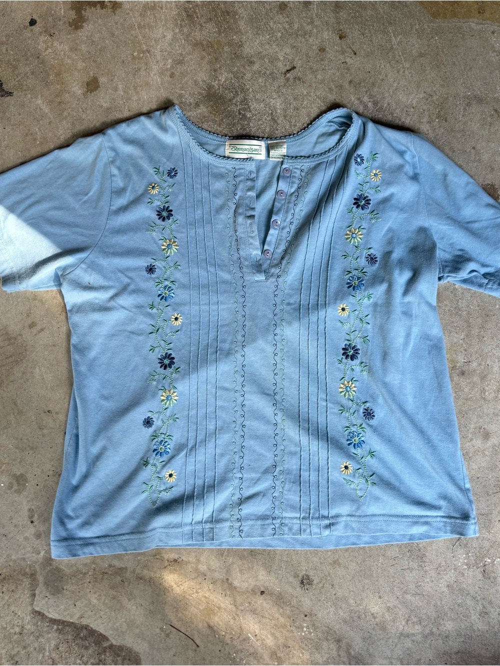 Vintage Shenanigans Light Blue Embroidered Floral Henley Tee